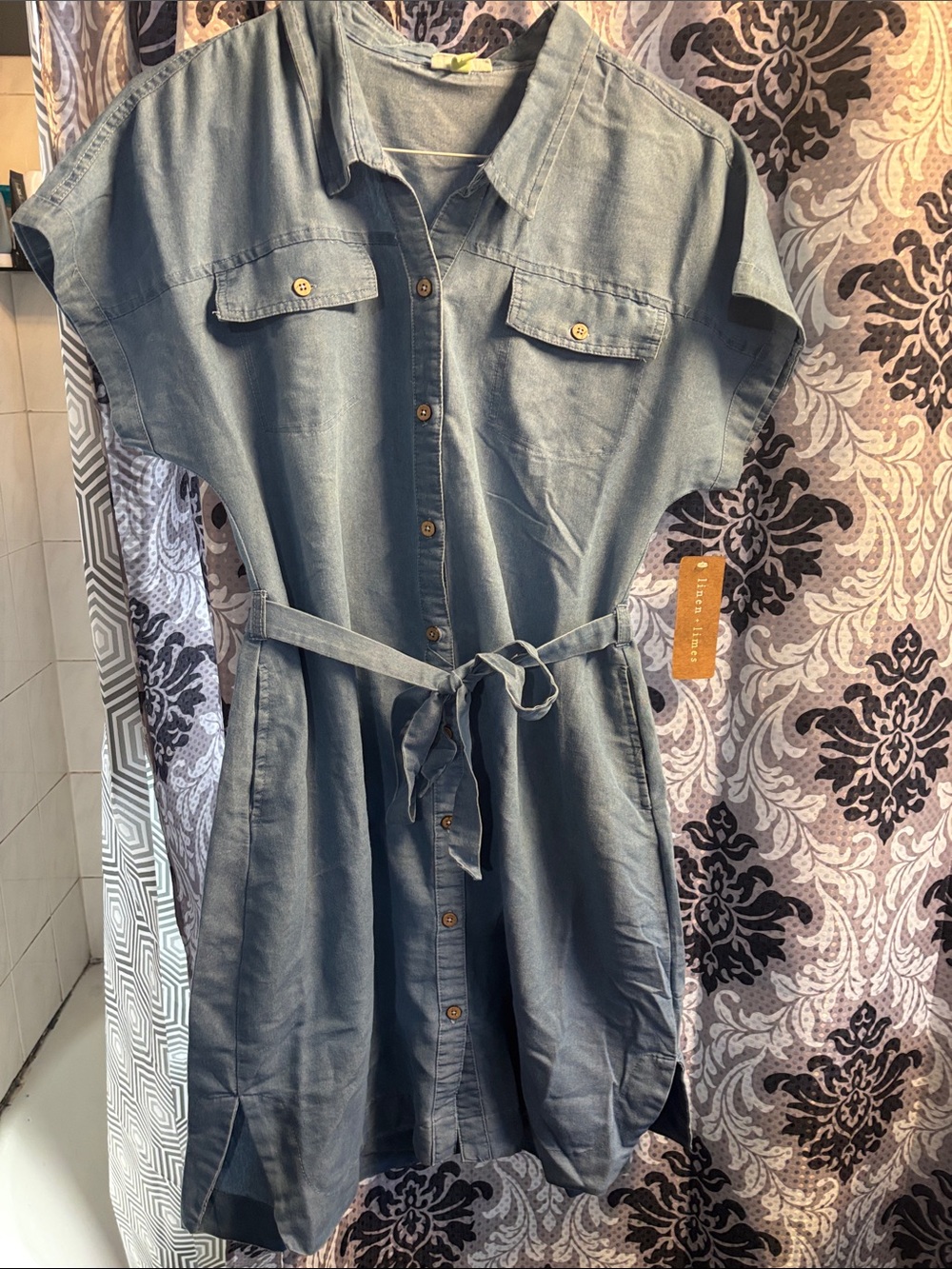 linen+limes Casual Denim Shirt Dress in Light Blue with Tie Waist size Large